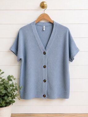 💙 Boutique Waffle Knit Button Front Short Sleeve Cardigan Top Size Large Cozy